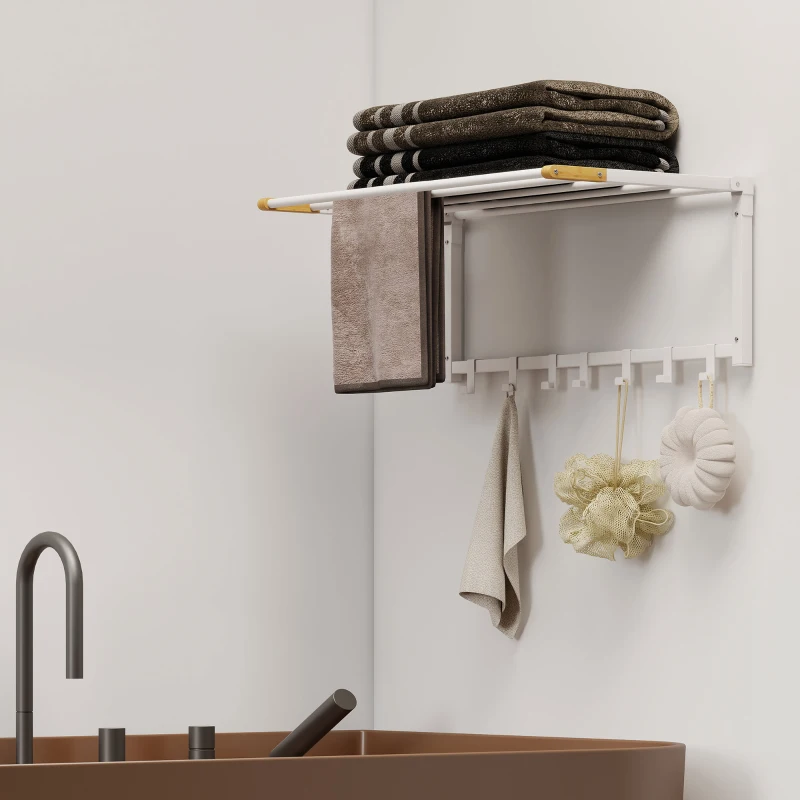 HOMCOM Portasciugamani a Parete Pieghevole con 5 Barre e 6 Ganci in Legno e Acciaio, 60x32.5x20 cm, Bianco