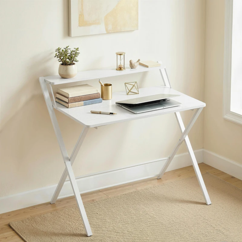 HOMCOM Compact Folding Desk for Small Spaces with Storage Shelf for Home Office, White