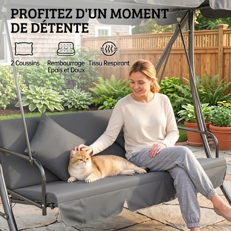 Outsunny Balancelle de Jardin Convertible 3 Places Inclinaison Toit réglable Matelas 2 x 1,25 x 1,7 m métal Polyester Gris clair