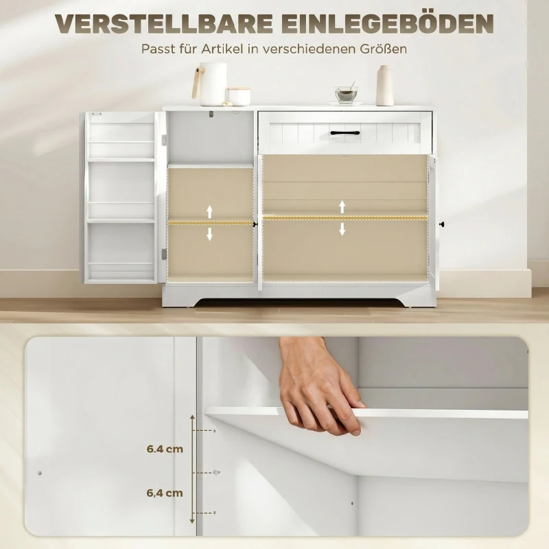 HOMCOM Modernes Küchen-Sideboard mit Schublade, verstellbaren Regalen, kleine Küchen-Vorratskammer mit Türfächern, Weiß