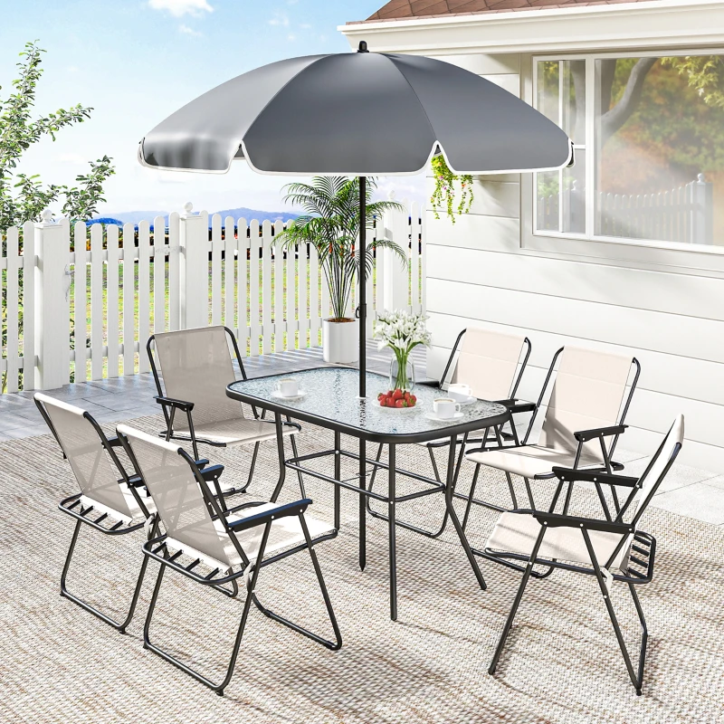 Outsunny Conjunto de Mesa y Sillas Jardín de 8 Piezas con Sombrilla 6 Sillas Plegables Mesa de Vidrio Templado Crema