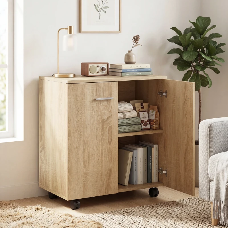 HOMCOM Mobile Sideboard Cabinet with 2 Doors and Internal Shelves for Living Room, Bedroom, 60L x 35W x 65H cm, Natural Wood