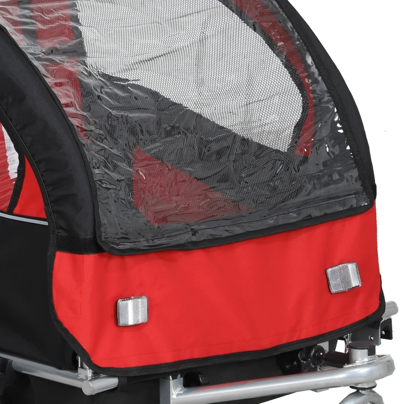 HOMCOM Reboque de Bicicleta Infantil 2 em 1 com Cinto de Segurança 5 Pontos Refletores Bandeira e Cortina Corta-vento Vermelho