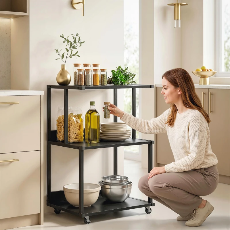 HOMCOM supporto stampante 3 livelli con ruote, tavolino industriale metallo ufficio, nero.