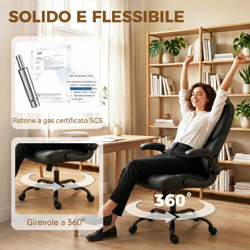 HOMCOM Sedia Ufficio Girevole, Funzione Dondolo, Braccioli Ribaltabili, Schienale Alto, Altezza Regolabile, Nero