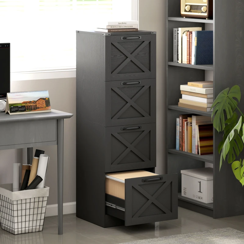 HOMCOM Caisson de Bureau avec 4 Tiroirs, Dossiers Suspendus pour Formats Lettre/A4, Style Rustique, 40x40x131cm, Noir