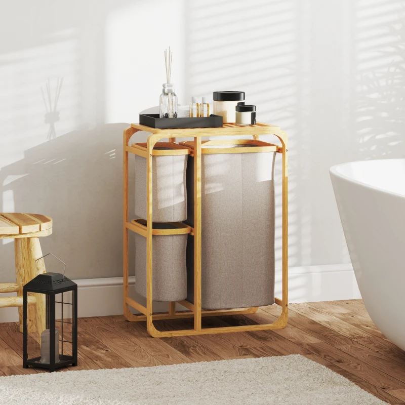 HOMCOM Cestino Portabiancheria in Bambù con 3 Sacchi e Ripiani in Tessuto, 50x32x69.7 cm, color Bambù e Crema