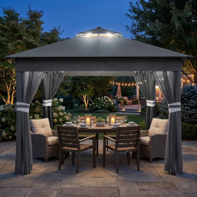 Outsunny Pavilion de Grădină cu Înălțime Reglabilă și Lumină LED, din Oțel și Țesătură Oxford, 336x336x250-270 cm, Gri