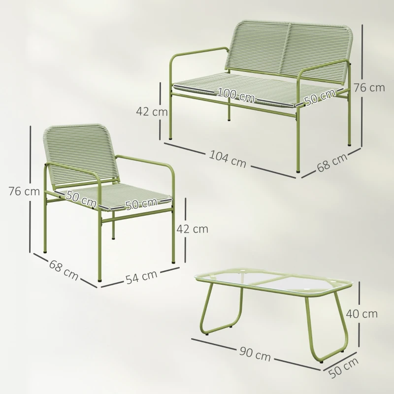 Outsunny Salotto da Esterno in Rattan PE con Divanetto, 2 Poltroncine e Tavolino con Piano in Vetro, Verde