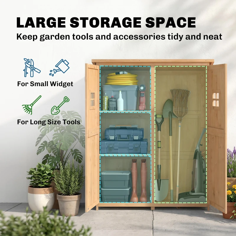 Outsunny Wooden Garden Shed with Two Windows, Tool Storage Cabinet, Outdoor Double Door Organizer 127.5W x 50D x 164H cm, Natural