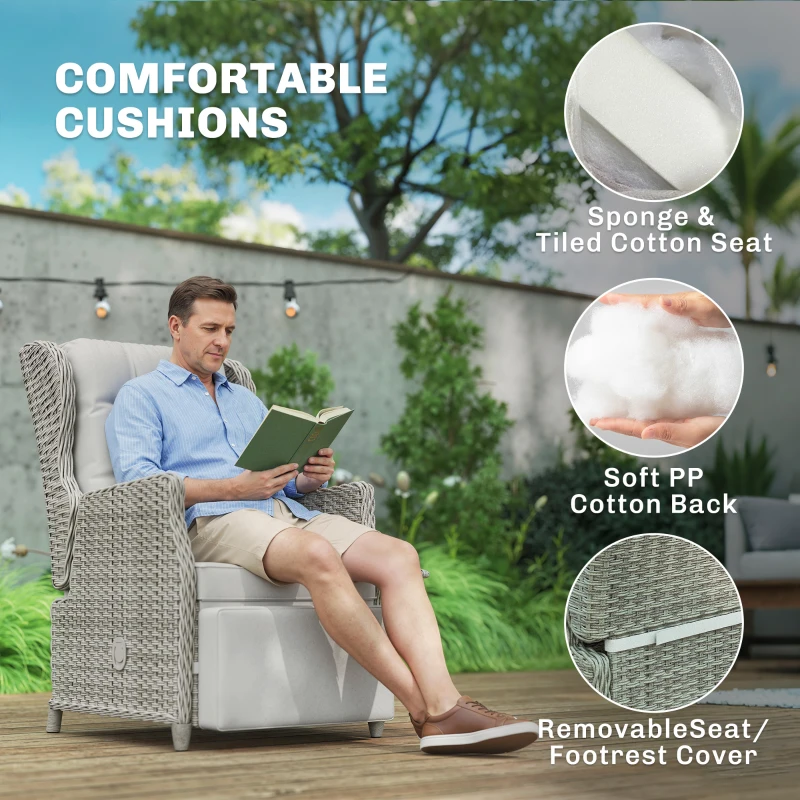Outsunny Rattan Garden Recliner Chair, Reclining Garden Chair with Adjustable Back and Footrest, Flip Table, Cushion, Light Grey