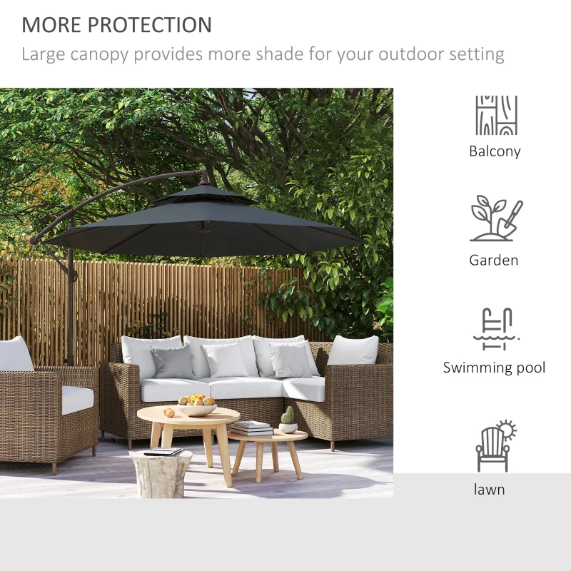 Outsunny 2.7m Garden Banana Parasol Cantilever Umbrella with Crank Handle, Double Tier Canopy and Cross Base for Outdoor, Hanging Sun Shade, Black(m-18)