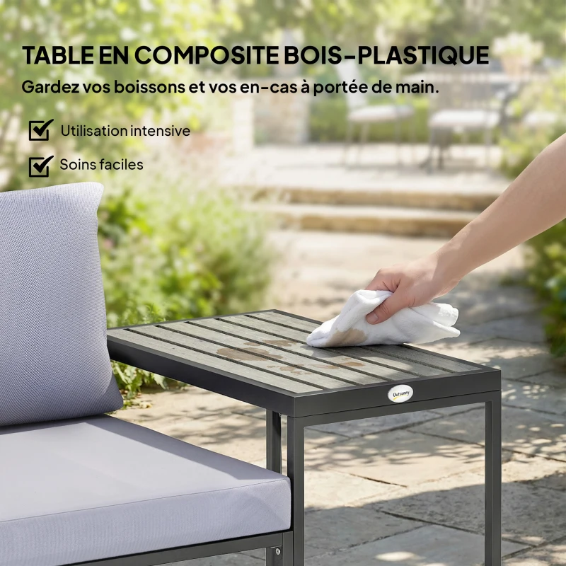 Outsunny Salon de jardin 3 pièces coussins 14cm et accoudoirs en composite bois-plastique 2 fauteuils et table d'appoint gris