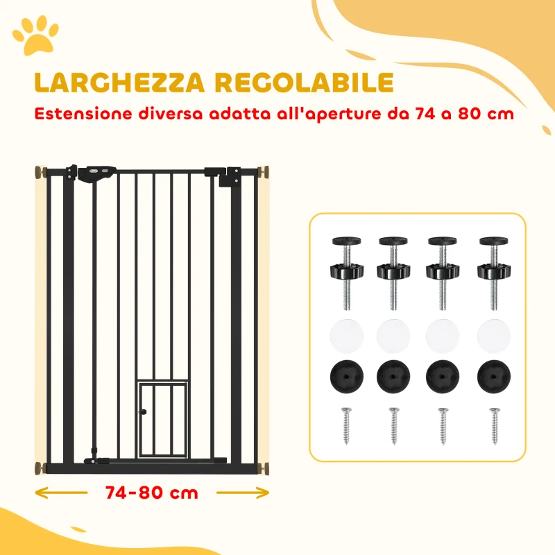 PawHut Cancellino per Cani Regolabile Alto con Porta Piccola e Chiusura Automatica, 74-80x104cm, Nero