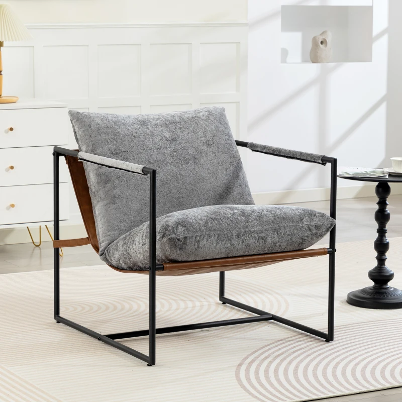 HOMCOM Fauteuil salon, fauteuil d'appoint rembourré en velours imprimé, large assise et structure en acier, 77x91x80cm, gris
