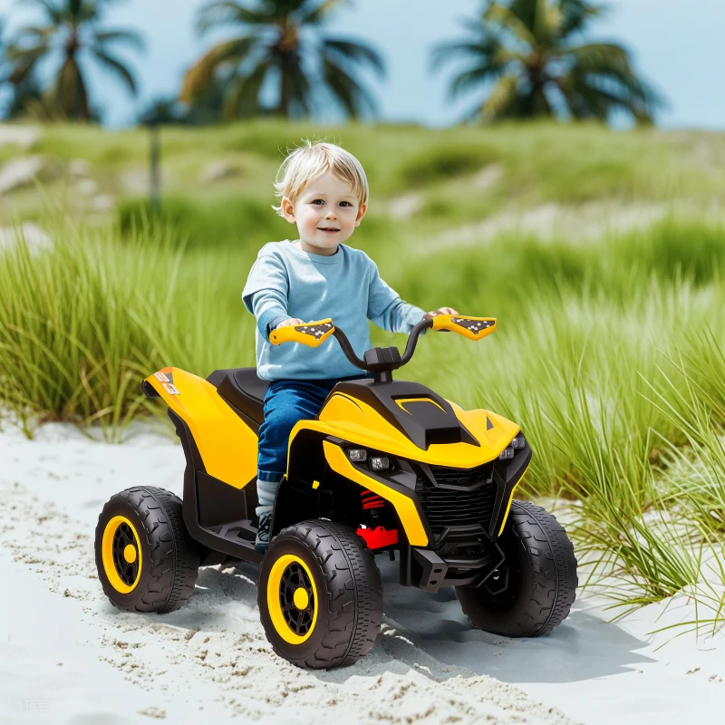 AIYAPLAY Quad elétrico para crianças, 3-6 km/h, farol LED, música, USB, para 3-8 anos, amarelo