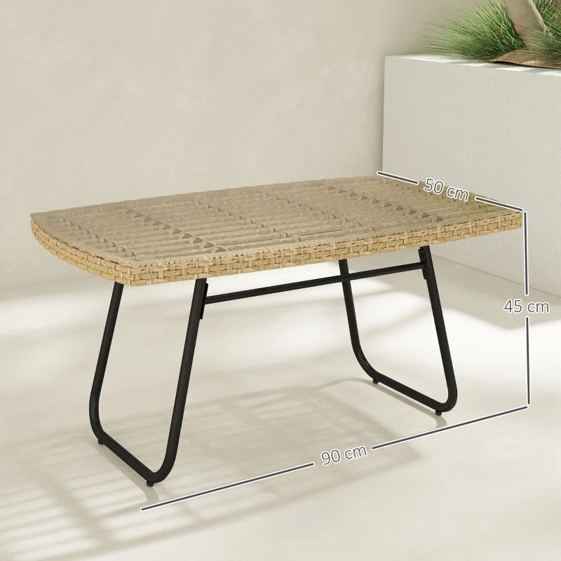 Outsunny Table d'appoint de jardin en résine tressée, 90x50x45cm, table basse de jardin avec plateau en verre trempé, naturel