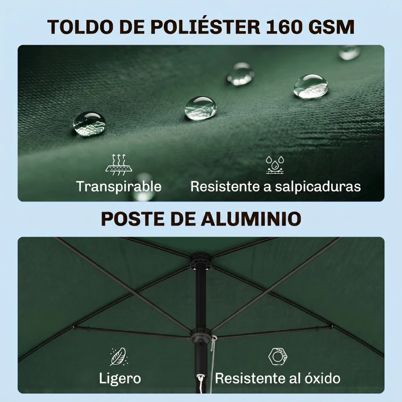 Outsunny Sombrilla de Terraza de Aluminio 2x1,3x2,5 m Parasol de Jardín Rectangular con Función de Inclinación Verde