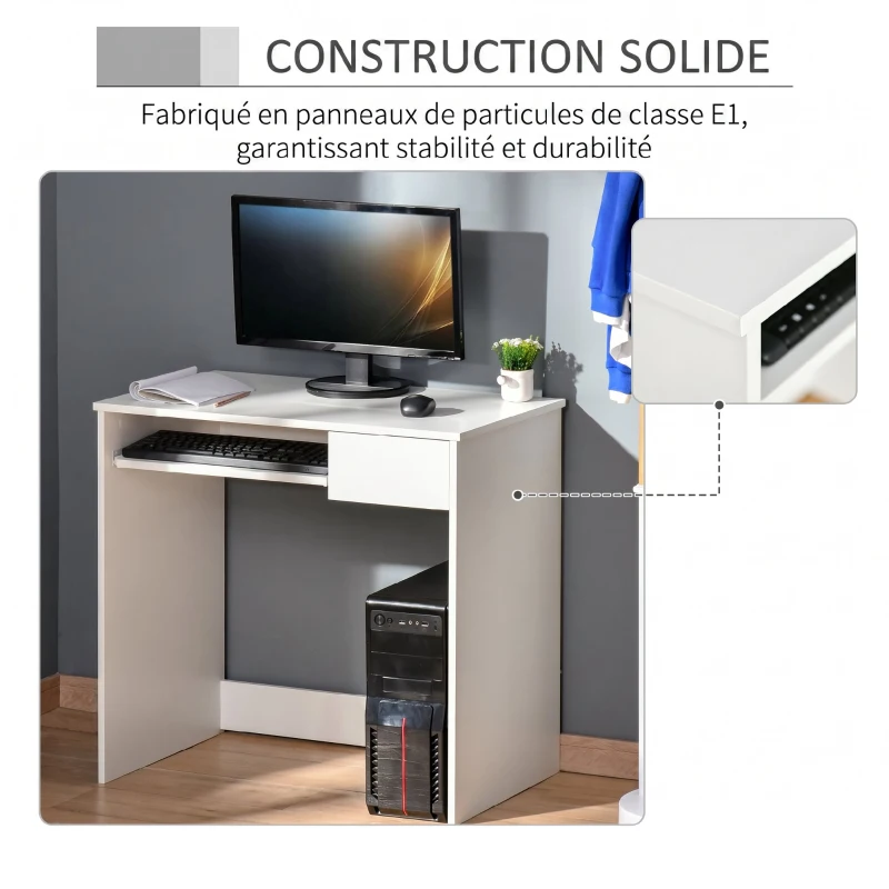 HOMCOM Bureau d'Ordinateur, 80 x 45 x 75 cm, Bureau avec Rangement, Plateau pour Clavier et Tiroir, Blanc