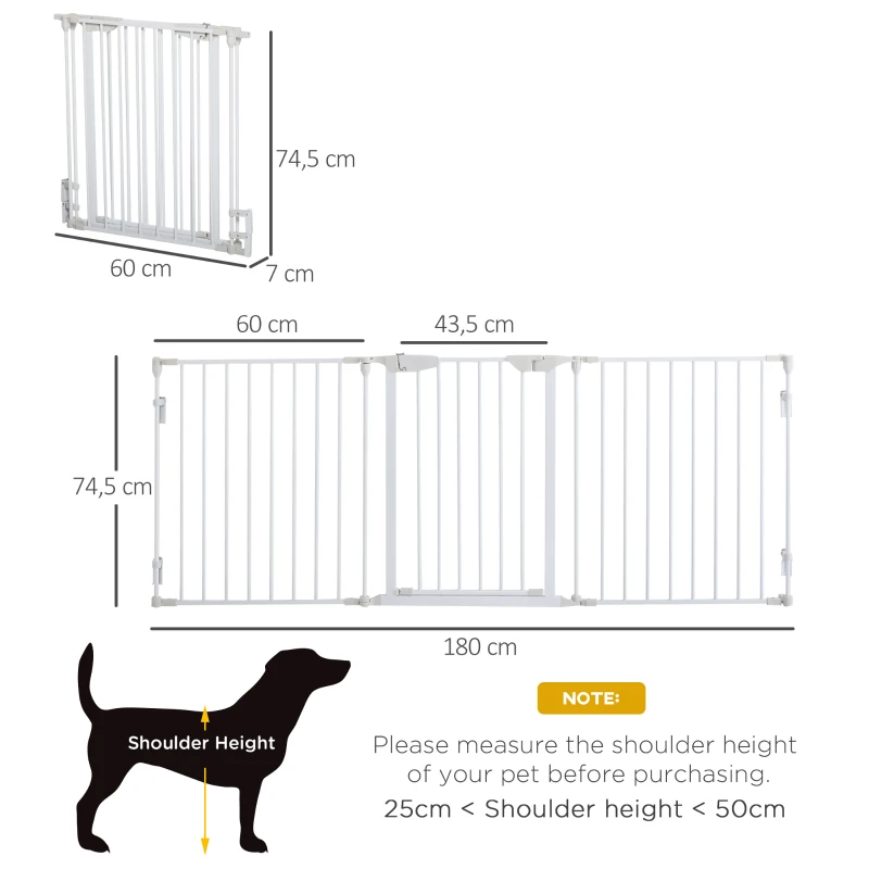 PawHut Cancelletto per Cani con Chiusura Automatica e Sistema di Blocco, in Metallo e Plastica, 180x74.5 cm, Bianco