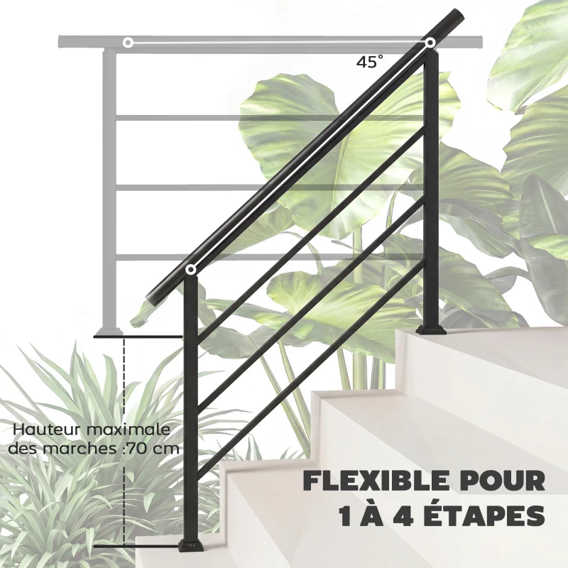 Outsunny Rampe d'Escalier Extérieure pour 1 à 4 Marches, Main Courante Escalier en Métal avec Kit d'Installation, Noir