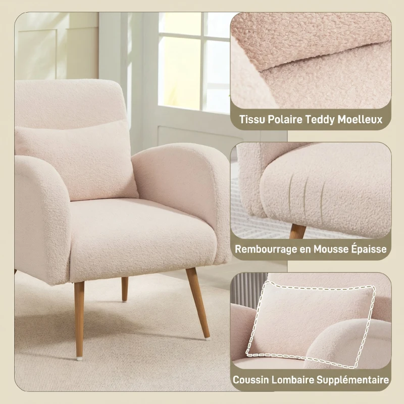 HOMCOM Fauteuil de salon en tissu Teddy, chaise rembourrée, assise large, coussin lombaire, pieds en métal effet bois, beige