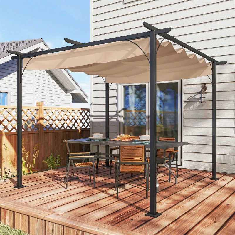 Outsunny Pérgola de Jardín 3x3m Gazebo Cenador para Exterior con Techo Retráctil Tela Poliéster Impermeable y Anti-UV para Patio Terraza Beige
