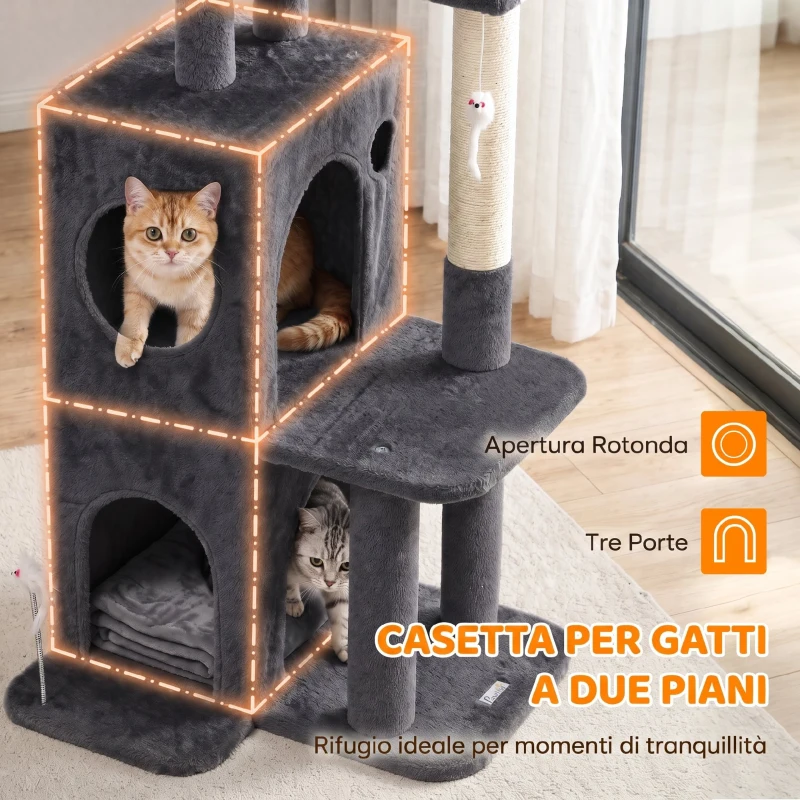 PawHut Albero Tiragraffi per Gatti Alto 132 cm con Pali in Sisal, Cuccia e Casetta, Grigio Scuro