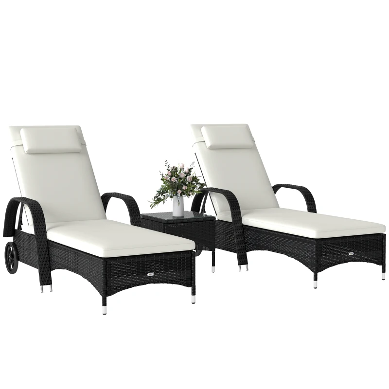 Outsunny Sonnenliege Gartenliege Tisch 3er-Set Gartenmöbel, Polyrattan+Metall Schwarz+Cremeweiß