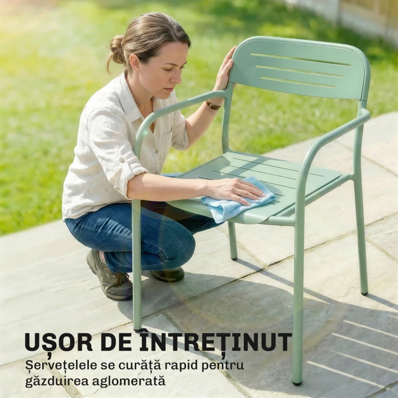 Outsunny Set de 2 Scaune de Grădină, Scaune de Exterior Stivuibile cu Cotiere din Metal, Verde