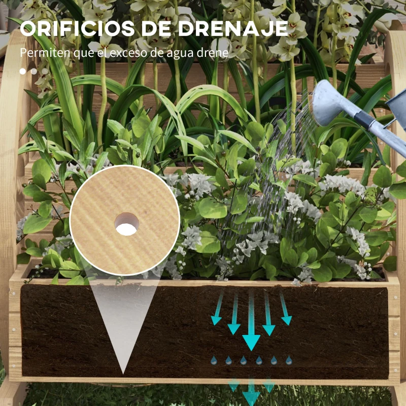 Outsunny Jardinera de Madera Macetero Exterior de 3 Niveles Diseño de Escalera Orificios de Drenaje 61x62x57 cm Natural