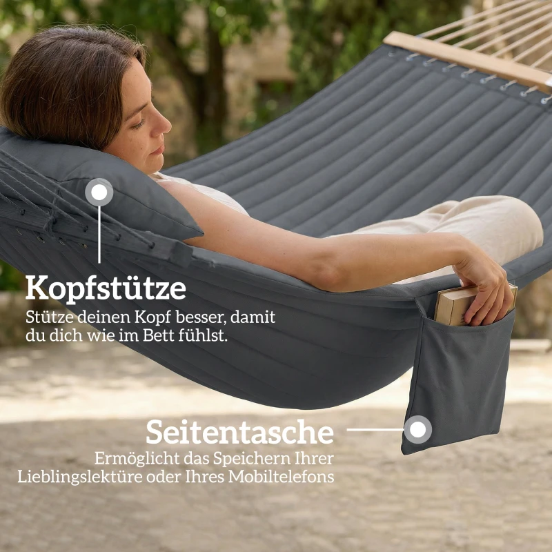 Outsunny Hängematte Outdoor 200x140cm, zweilagig Hängematte mit Kopfstütze Magazintasche Holzstäbe bis 200kg