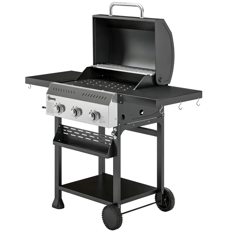 Outsunny Barbacoa de Gas con 3 Quemadores Termómetro Parrilla Mesas Laterales Plegables Estante y Ruedas 123x57x102 cm Negro