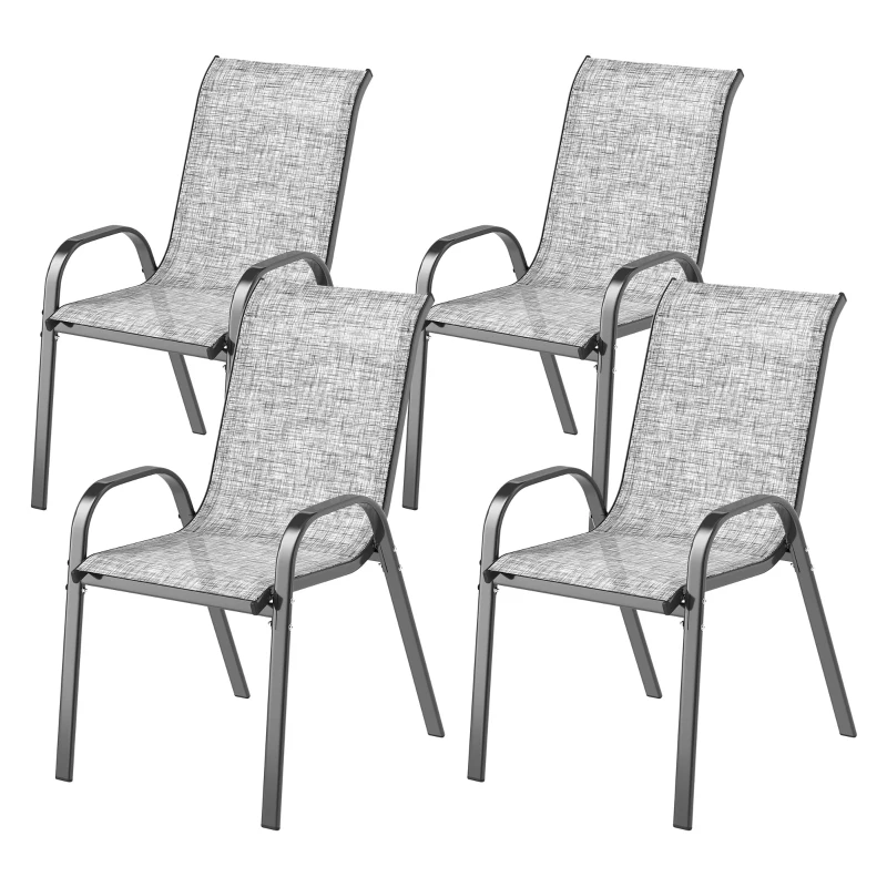 Outsunny Set 4 Sedie da Giardino Impilabili con Braccioli Curvi, in Acciaio e Tessuto Traspirante, 54x71x93 cm, Grigio