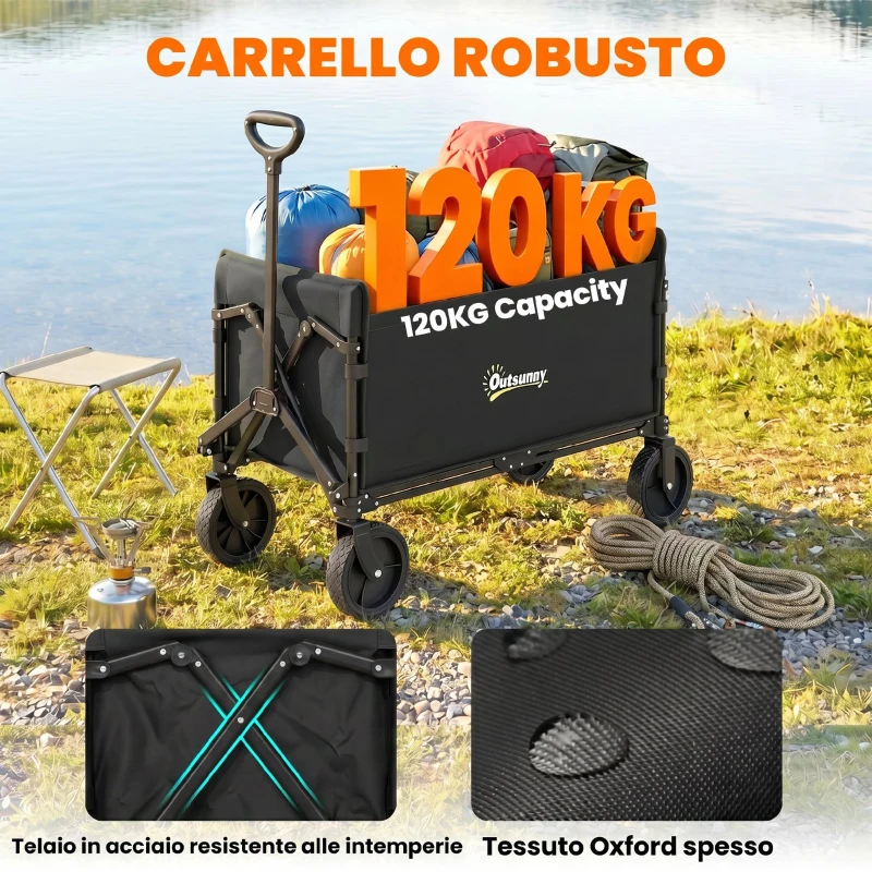 Outsunny Carrello da Giardino da 180L Pieghevole con Pannello Apribile, in Acciaio e Poliestere, 90x48x62 cm, Nero