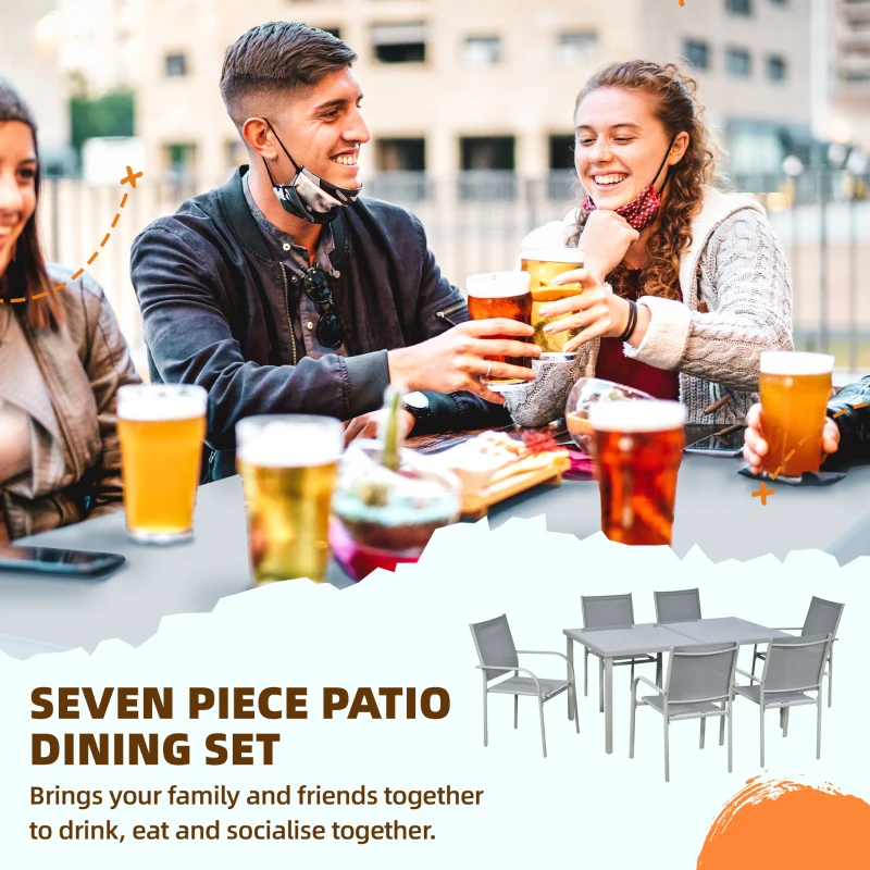 Outsunny 7 Piece Garden Dining Set - Outdoor Table and 6 Stackable Chairs with Steel Frame, Tempered Glass Top Table, and Mesh Seats, Grey
