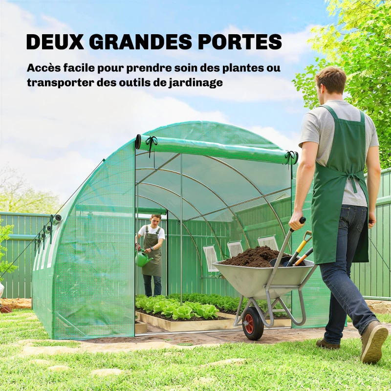Outsunny Serre tunnel de jardin 12m², serre de jardin tunnel 295x400x200cm 2 portes et 8 fenêtres bâche PE 140 g/m² vert