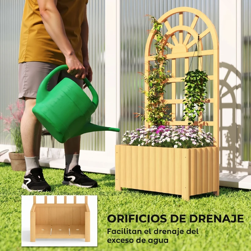 Outsunny Jardinera con Enrejado de Madera con Drenaje para Cultivos Verduras Flores Hierbas 60x30x120 cm Natural