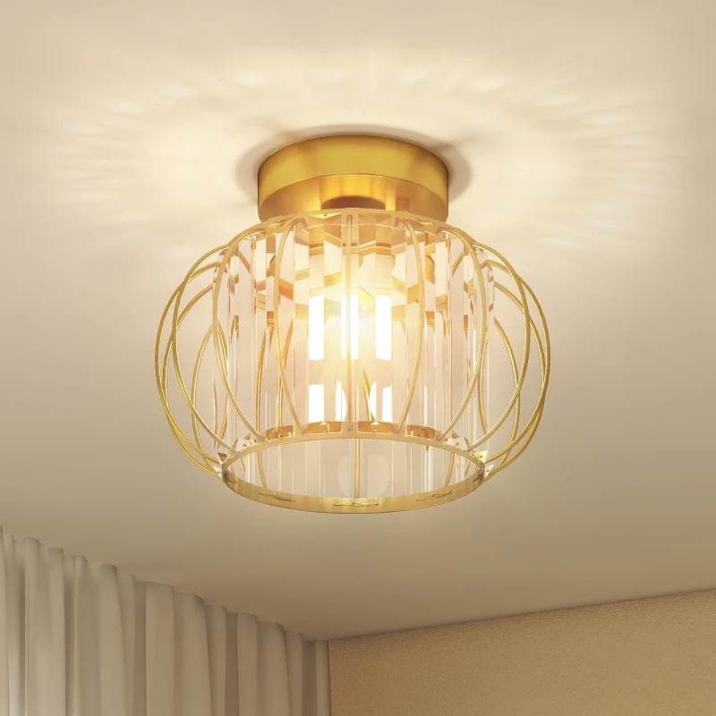 HOMCOM Plafonieră LED Modernă și Minimalistă cu Structură Tip Cușcă și 18 Cristale, din Metal Auriu, Ø27x19 cm