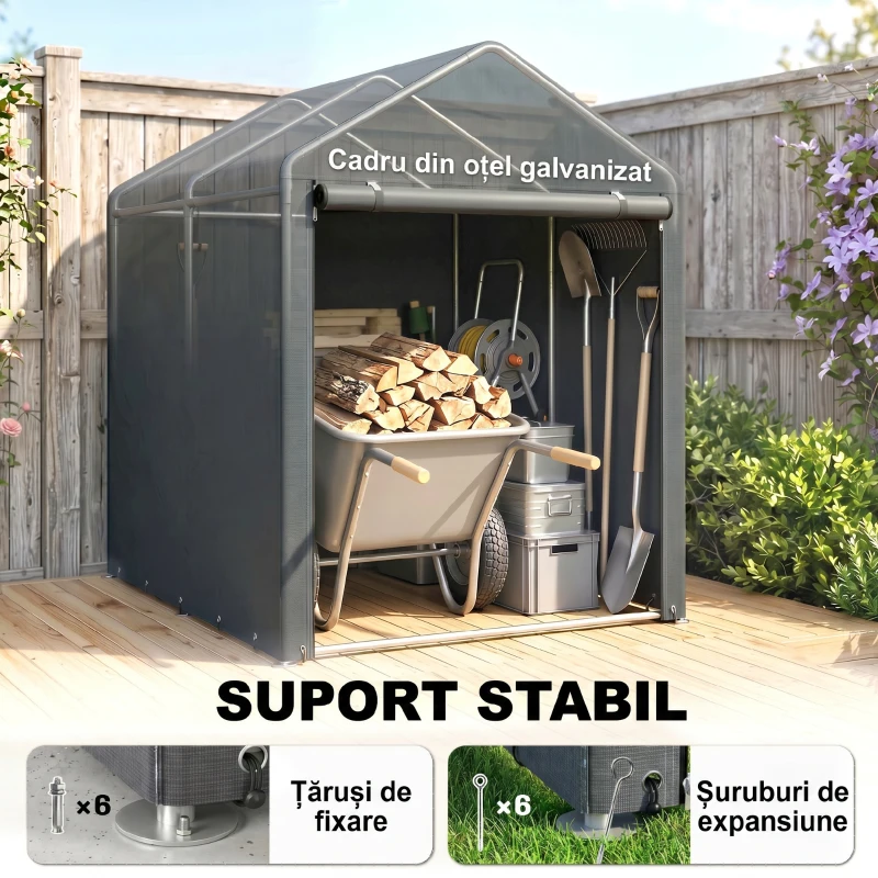 Outsunny Șopron pentru unelte anti-UV cu intrare cu fermoar, din oțel galvanizat și material PE, 120x179x165 cm, gri închis(m-5)