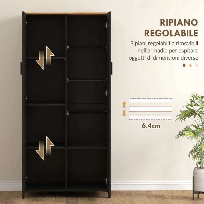 HOMCOM Mobile Dispensa Cucina in Legno a 9 Ripiani Regolabili con Ante in Vetro, 76x36x160 cm, Nero e color Legno