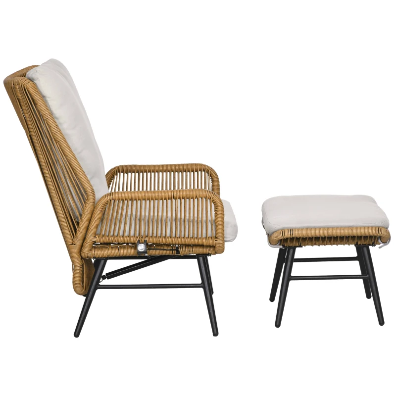Outsunny Polyrattan Gartenstuhl und Hocker, verstellbare Lehne, Hellbraun/Grau/Schwarz(m-11)