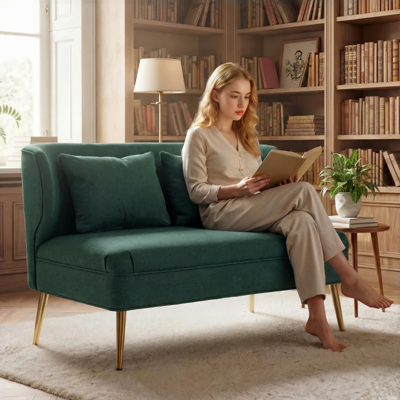 HOMCOM 2 Seater Sofa, Linen-look Fabric Small Sofa with Wing Back, Thick Seat, Metal Legs, Dark Green