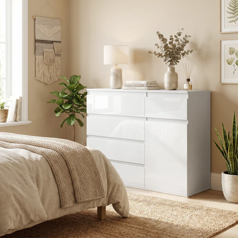 HOMCOM Credenza, Mobile con 5 Cassetti, Ripiano Regolabile, Bianco Lucido.