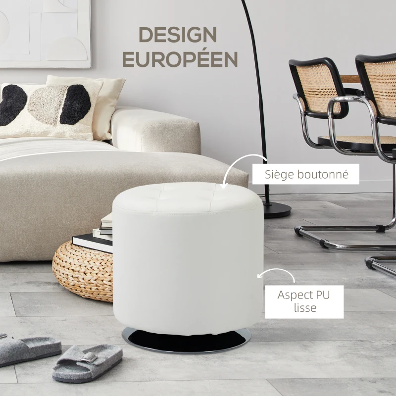 HOMCOM Repose pied salon pivotant à 360°, ottoman rond rembourré en PU avec base en acier, Ø 45,5 x 44,5 cm, blanc