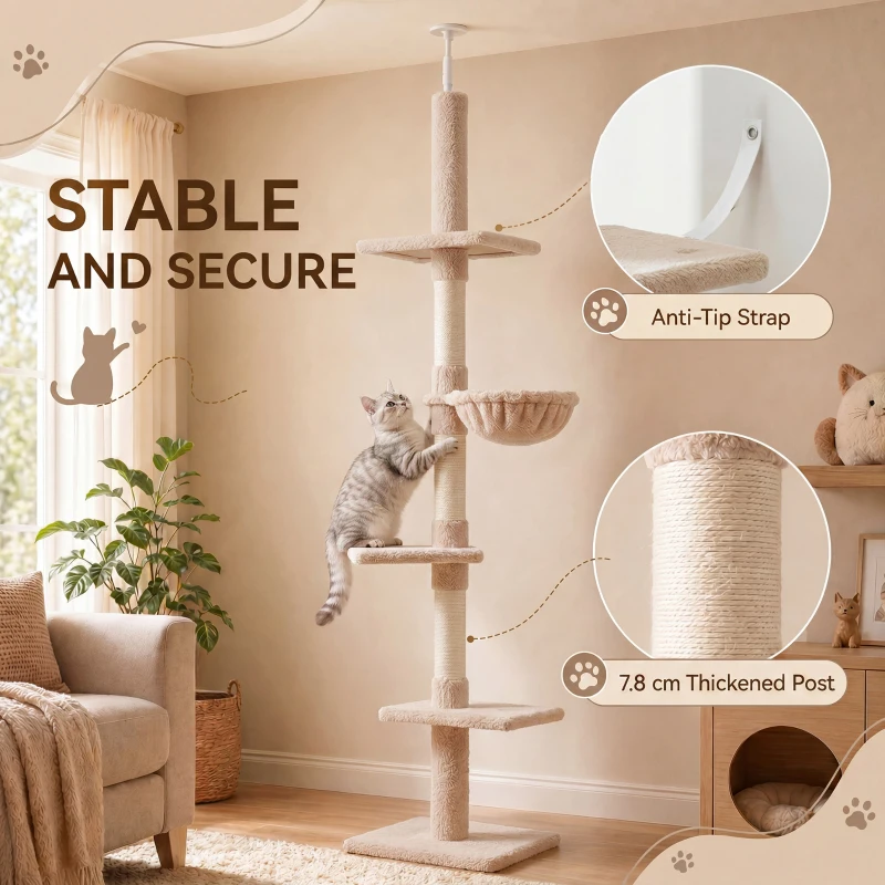 PawHut Floor to Ceiling Cat Tree 230-260cm Height Adjustable, 5-Tier Cat Tower with Scratching Posts, Hammock, Perches, Climbing Activity Centre for Indoor Kittens Playing and Relaxing, Beige