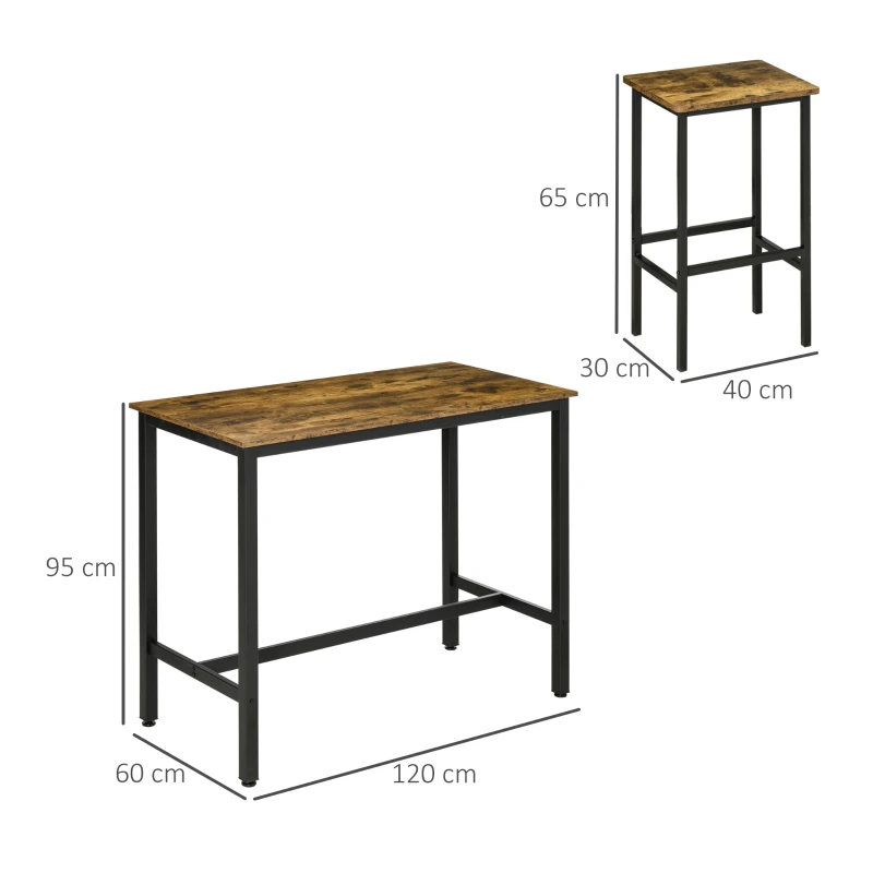 HOMCOM 120x60cm Bar Table Set, Breakfast Table with 2 Stools, 3-Piece Counter Height Dining Table & Chairs for Kitchen, Living Room, Rustic Brown