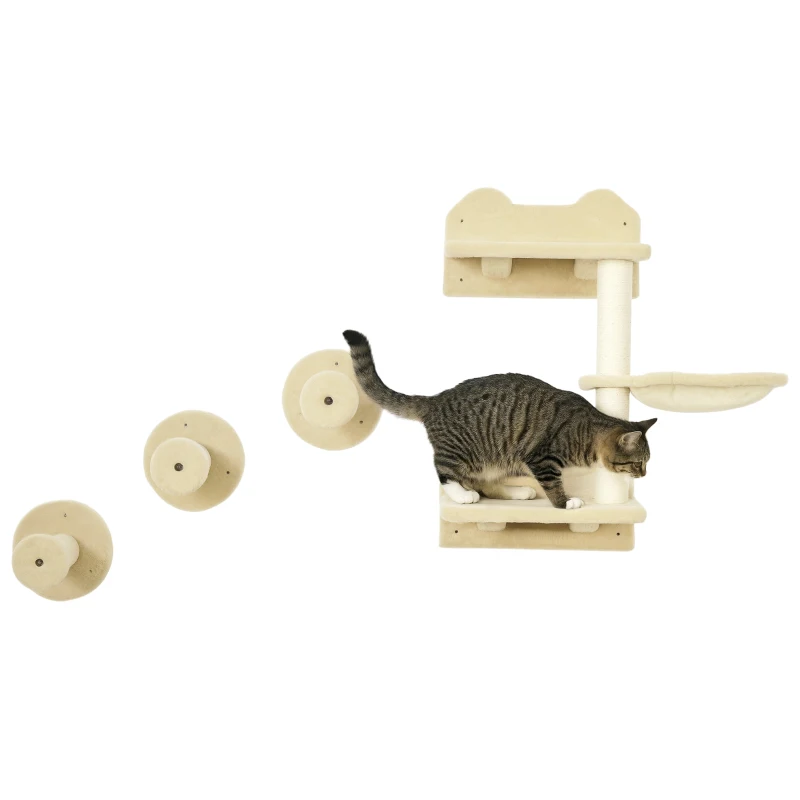 PawHut 4 Piece Cat Shelf with Scratching Post, Wall-Mounted Cat Tree for Indoor Cat - Beige