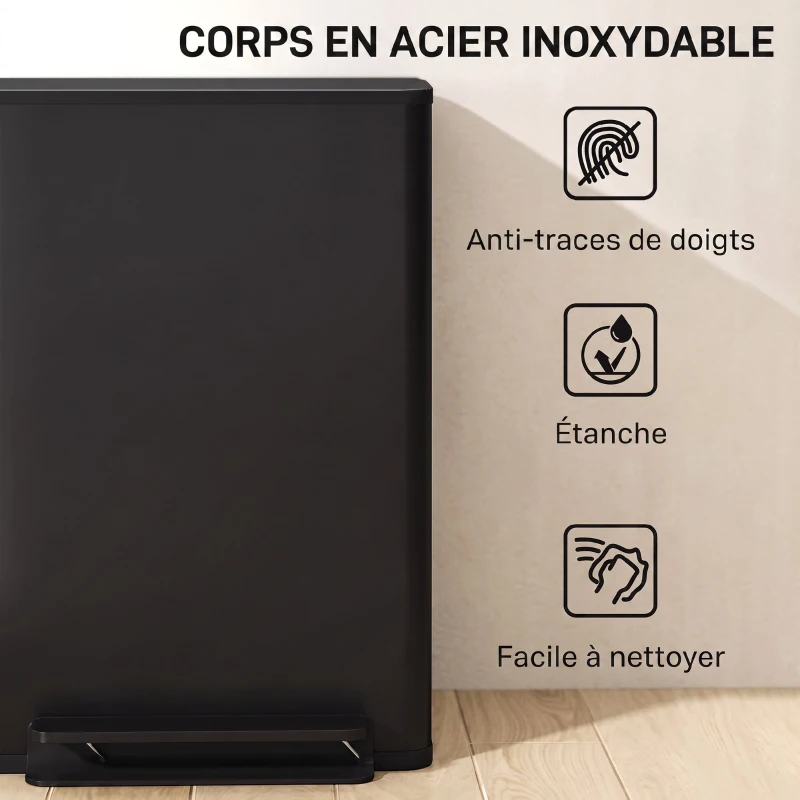 HOMCOM Poubelle cuisine 50L, poubelle à pédale, seau intérieur amovible, couvercle à fermeture douce, 41,7x36,6x62cm, noir