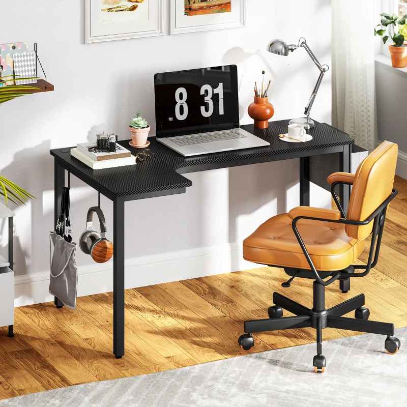 HOMCOM L-Shaped Computer Gaming Desk with Fabric Bag, Hooks and Cable Management, 145 x 81 x 76cm - Black